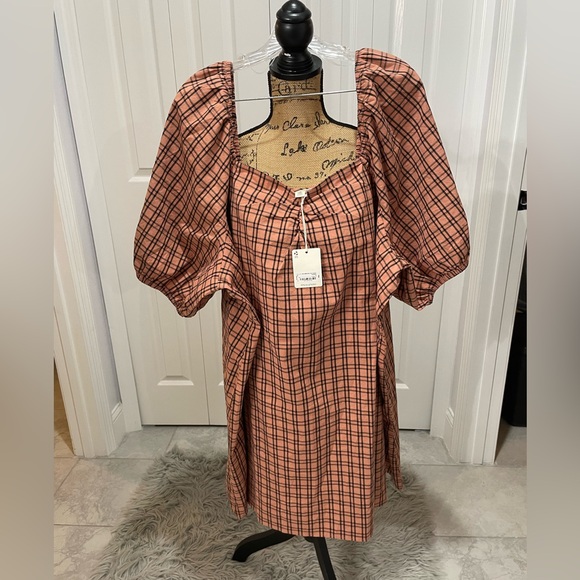 a.n.a Dresses & Skirts - a.n.a Plaid Puff Sleeve Dress in Orange and Black